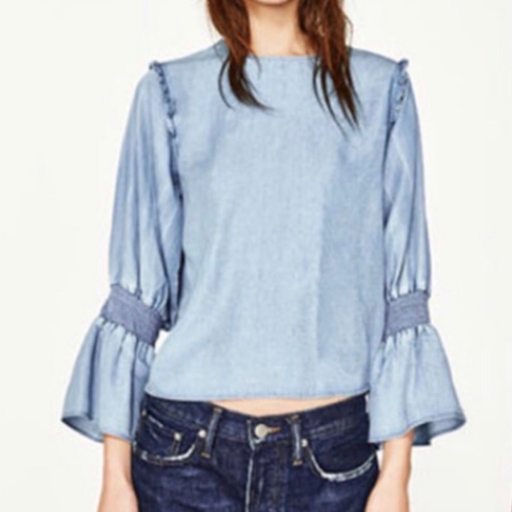 Zara Woman Premium Denim Collection Chambray Bell Sleeve Size M